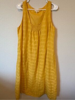 Eileen Fisher Linen Dress L Yellow Sleeveless Pockets Lined Shift Midi Summer